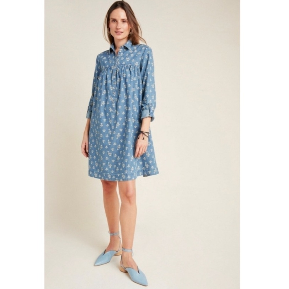 Anthropologie Pilcro Letterpress Rochelle Floral Denim Mini Shirtdress